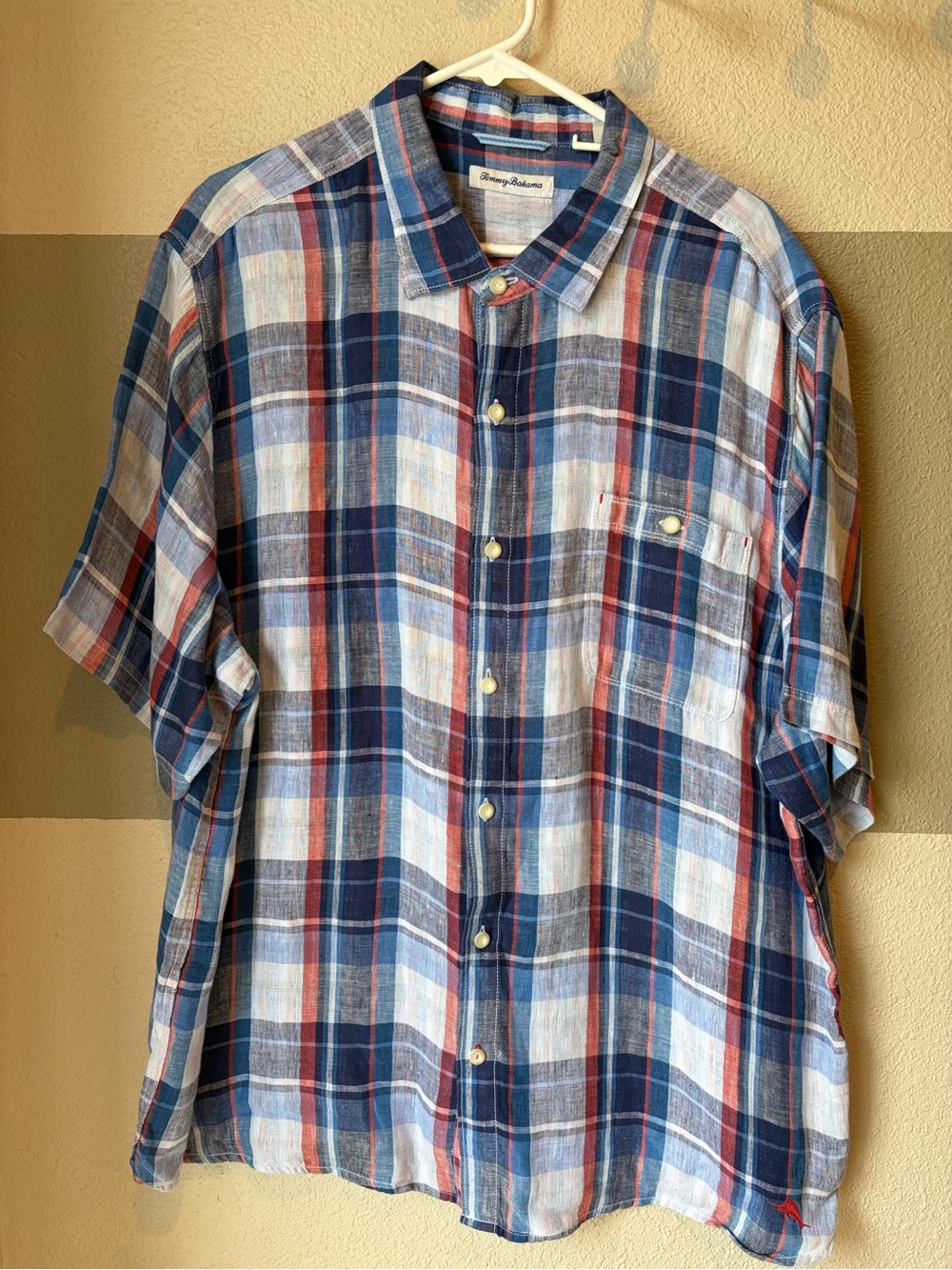 Tommy Bahama Men XXL Linen Button Down Shirt Button Pocket Plaid Red White Blue